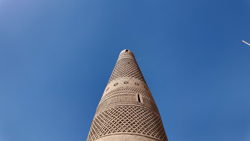 Turpan, China: Tilt down footage of the famous Emin Minaret that dates back from 1777 in the Turpan oasis in Xinjiang in China, which used to be an important stop along the silk road in the past. 