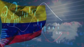 On play Colombian flag waving while candlesticks moving and line graphs climbing visualizing trends. Patriotic, finance, analytics, innovation, visualization, technology, business - Powered by Shutterstock - Get 15% off with code: PIKWIZARD15