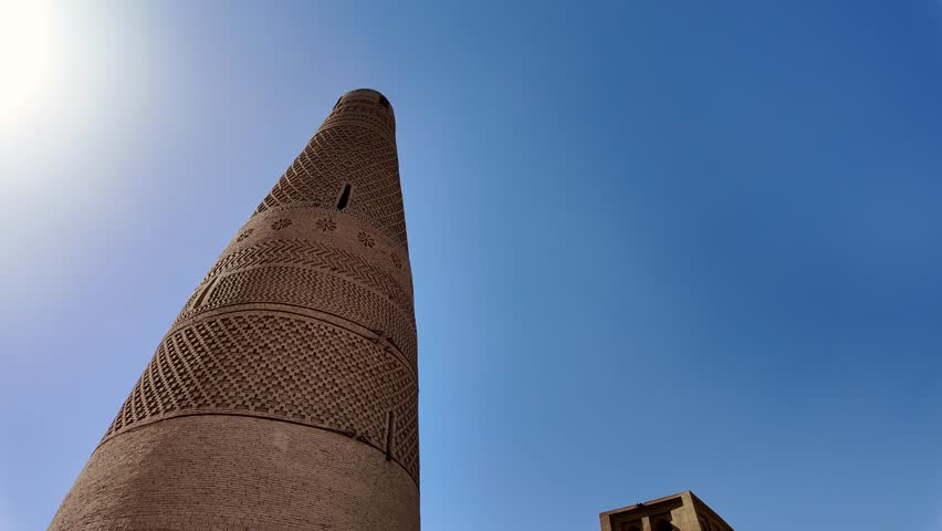 Turpan, China: Tilt down footage of the famous Emin Minaret that dates back from 1777 in the Turpan oasis in Xinjiang in China. This is the tallest minaret in the country and the main islamic monument