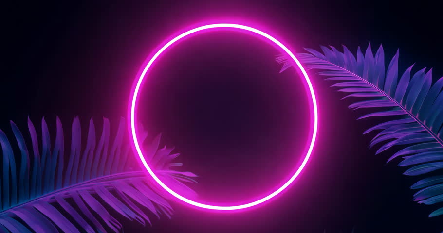Glowing neon pink ring shining against black background, accenting stylized palm fronds. Neon, abstract, minimalist, tropical, graphic, vibrant, AI-generated