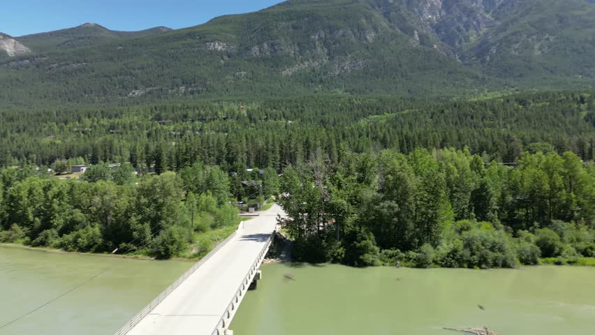 Drone footage captures a breathtaking aerial view of a winding river cutting through a dense pine forest during summer. environmental conservation, outdoor adventure, or tranquil nature backgrounds.