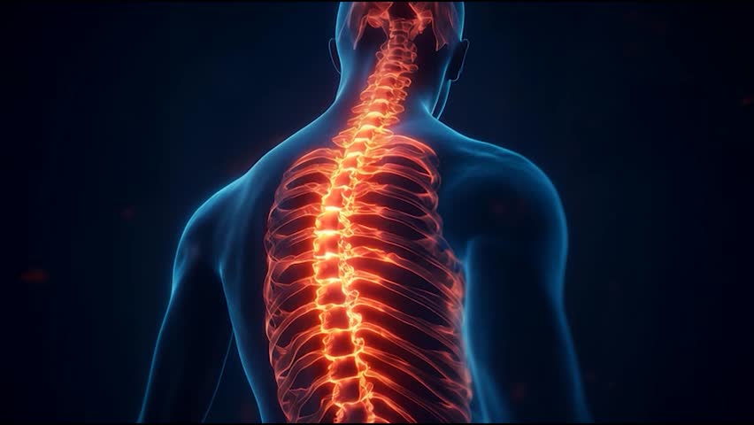 3D medical illustration of human spine with glowing vertebrae and skeletal structure viewed from the back on dark background