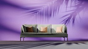 Modern green sofa with beige pillows placed against purple striped wall with palm leaf shadow. Contemporary interior furniture setup in minimalist scene. Tropical summer atmosphere concept for design - Powered by Shutterstock - Get 15% off with code: PIKWIZARD15