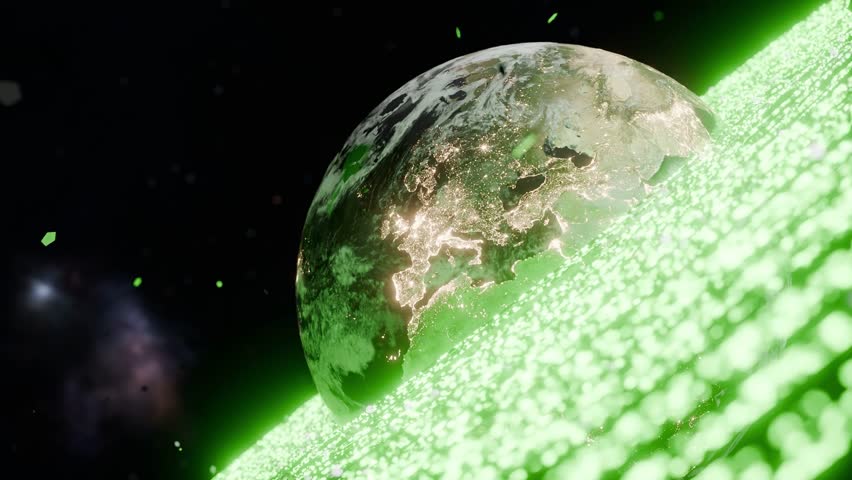 Glowing Earth showing illuminated Europe, Africa, Asia with digital green particles in outer space. 3D rendering with night lights and energy wave. Futuristic technology and global connection
