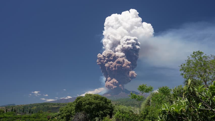 Timelaps shot of big smoke, cloud during eruption of Mt. Etna, Volcano in Sicily, Italy