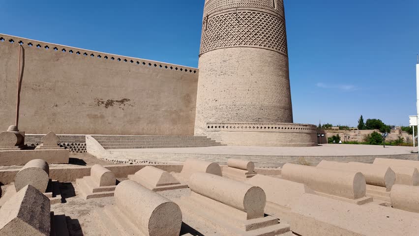 Turpan, China: Tilt up footage of the famous Emin Minaret that dates back from 1777 in the Turpan oasis in Xinjiang in China. 