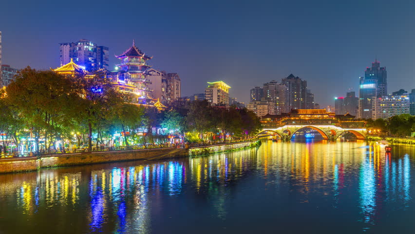 Time lapse of Anshun bridge at night in chengdu, China.