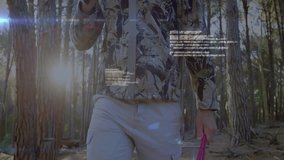 Man raising palm triggers scrolling code forming 3D globe for technology mapping in pine forest. Holography, cybersecurity, innovation, wilderness, adventure, futurism, environmental - Powered by Shutterstock - Get 15% off with code: PIKWIZARD15