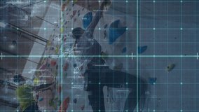 Female climber securing harness and starting ascent in gym, with data overlay analyzing form. Adventure, strength, fitness, technology, training, challenge, safety - Powered by Shutterstock - Get 15% off with code: PIKWIZARD15