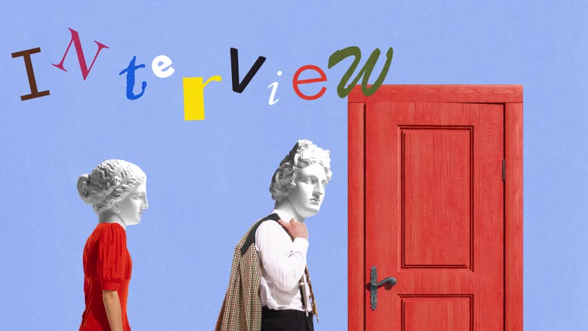 Interview tension. Four people with antique busts instead of heads walk in line into door under playful interview title cut from colored letters. Concept of ambition, job market, surreal. Animated ad