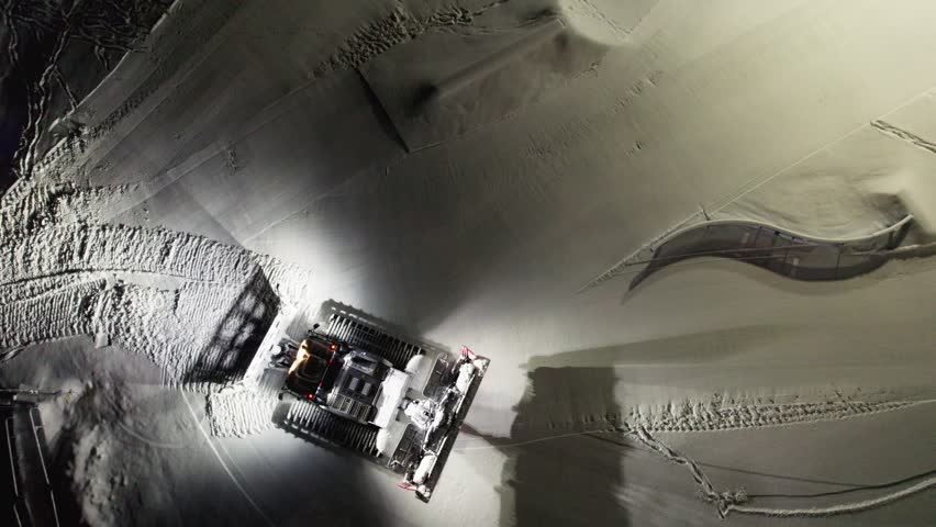Drone shot descends onto a snow groomer climbing a slope at night, revealing fresh tracks in snowy Andorran mountains.