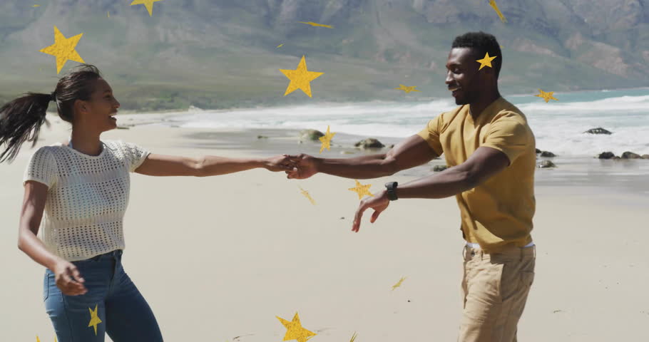 Couple clasping hands on beach initiating dance with animated stars highlighting marketing message. Romance, companionship, carefree, leisure, motion, joyful, scenic