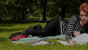 Student laying blanket in park triggers transparent stock market charts while studying data. Outdoor, relaxation, learning, analysis, wellness, refreshment, diversity - Powered by Shutterstock - Get 15% off with code: PIKWIZARD15
