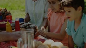 Children reaching for picnic food causing data overlays while man serving melon for health insights. Family, picnic, outdoor, leisure, sunlight, gathering, healthy - Powered by Shutterstock - Get 15% off with code: PIKWIZARD15