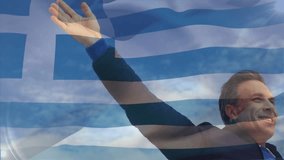 Couple lifting arms toward sky over sea horizon after Greek flag overlay waving in tourism ad. Celebration, unity, adventure, happiness, freedom, scenic, outdoor - Powered by Shutterstock - Get 15% off with code: PIKWIZARD15