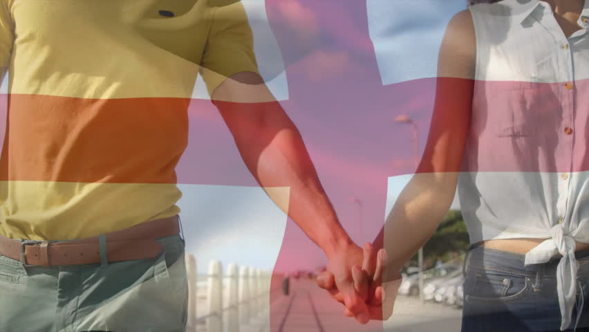 Couple grasping hands walking seaside promenade smiling while red flag graphic animating tourism. Romance, connection, leisure, harmony, outdoor, lifestyle, serenity
