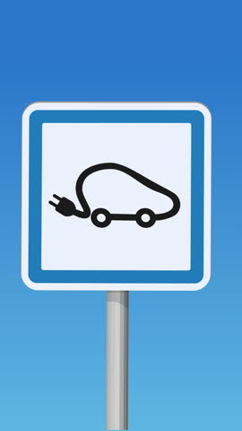 Animation of a sudden appearance of an electric car road sign against a blue sky (portrait)