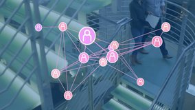 Colleagues stepping onto spiral stairs causing pink network nodes expanding for data analysis. Technology, collaboration, innovation, digital, modern, professionalism, visualization - Powered by Shutterstock - Get 15% off with code: PIKWIZARD15