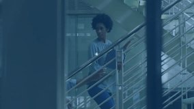 Business colleagues tapping tablet holding notebook ascending stairs expanding network overlay. Technology, collaboration, innovation, modern, analytics, communication, enterprise - Powered by Shutterstock - Get 15% off with code: PIKWIZARD15