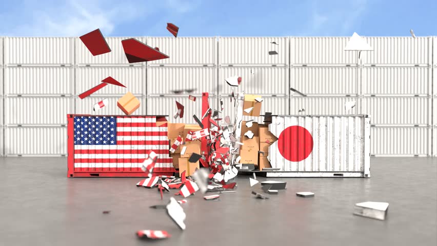 Trade conflict concept with American and Japan cargo containers crash