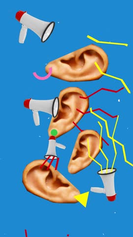 Hearing overload. Many ears in different positions with multiple megaphones aiming toward them. Concept of customer feedback and media information pressure. Playful stop motion