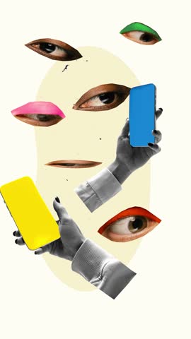 Digital attention war. Eyes with colorful eyelids staring at smartphone screens held in grayscale hands on light background. Concept of media consumption and attention economy. Promo video