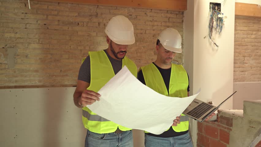 Video of male engineer and foreman wearing safety hardhat and vest reviewing blueprints at the construction site