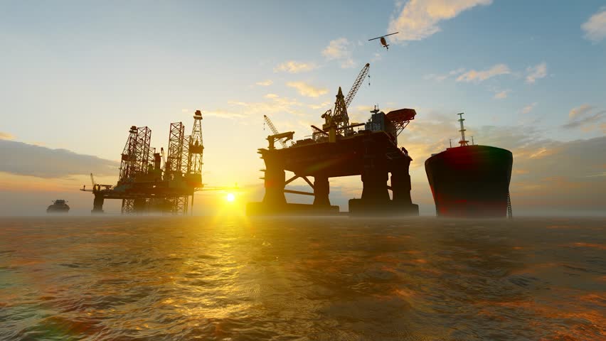 Offshore oil extraction and oil and gas drilling platform 3D animation