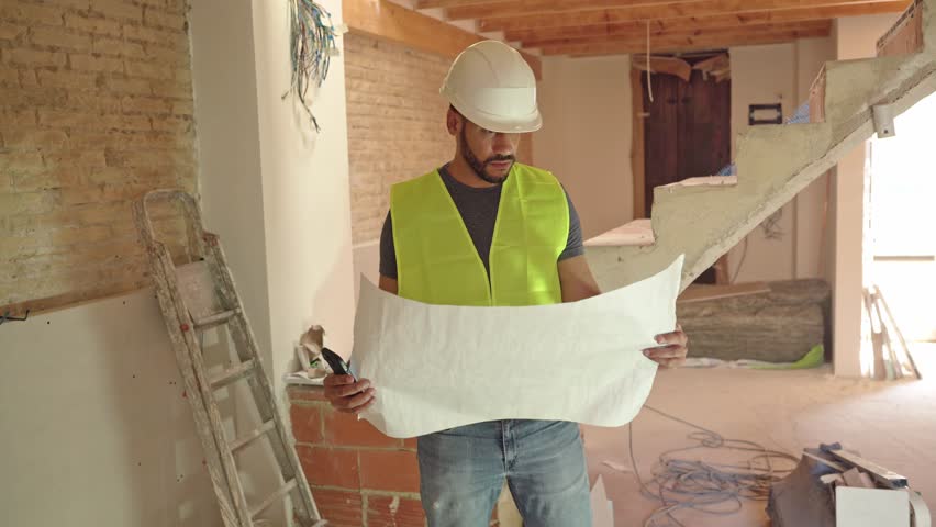 Video of Hispanic builder or engineer reviews blueprints on a construction site