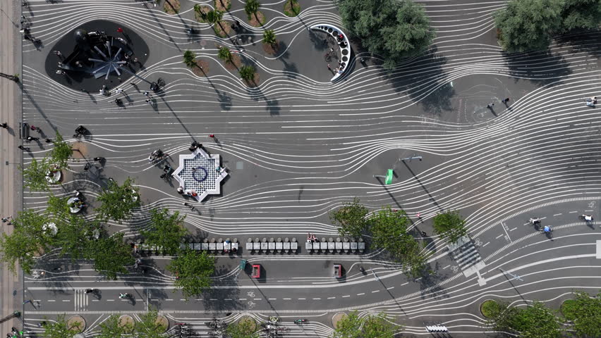 Top down aerial view of Superkilen Park, a public park located in the Nørrebro district of Copenhagen, Denmark. 