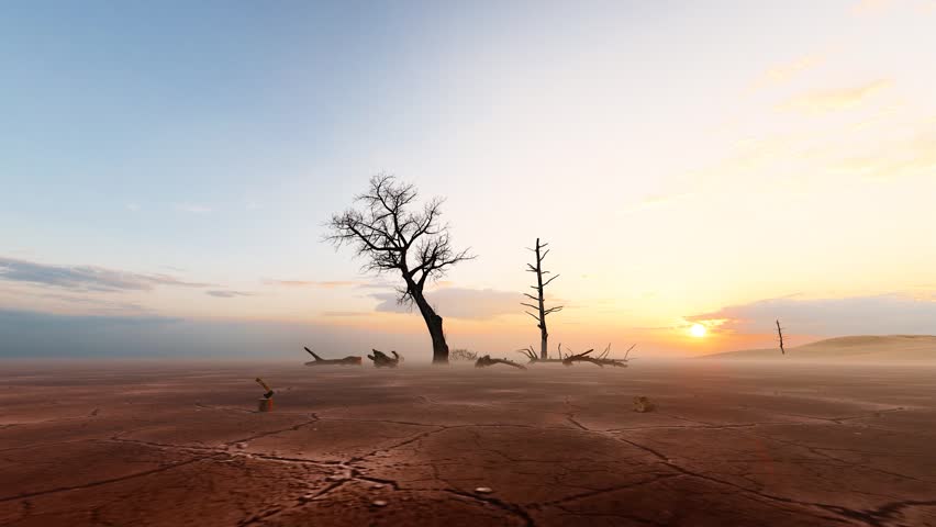 Arid desert and dead trees at dusk
