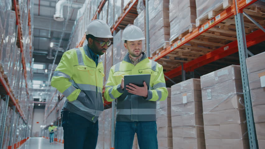 Warehouse workers in helmets and reflective jackets discussing logistics in front of packed shelves. Male pointing upward. Partner watching direction. Planning storage layout or stock placement.