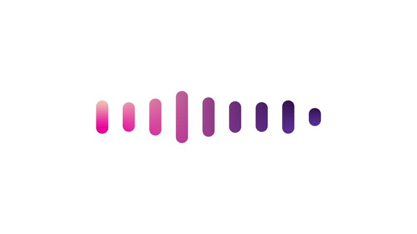 Short audio waveform animation with a pink-purple gradient on a white background. Vertical bars pulse smoothly to visualize sound or voice. Ideal for music, audio content, and visual projects.