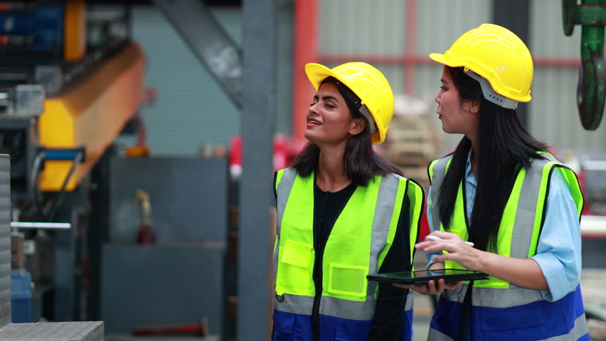 blue collar working production line : Indian female engineer worker working control sheet metal roof tile roll forming machine at metal sheet profiling factory. Industrial production