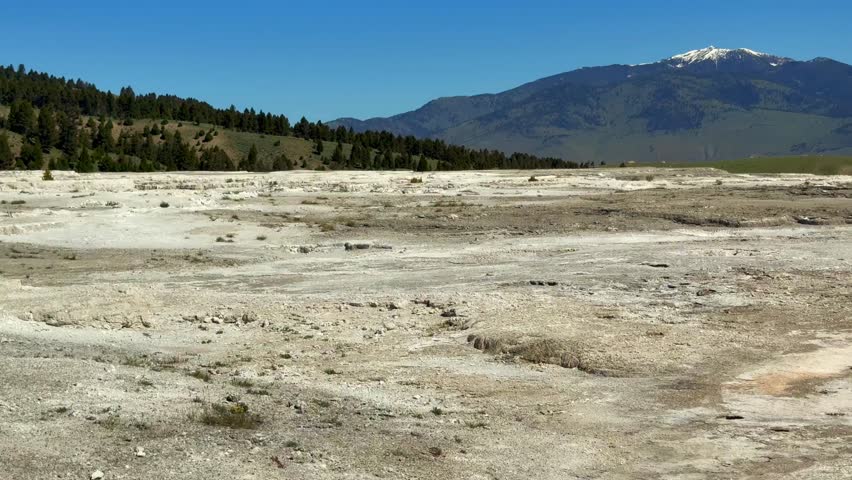 Scenic landscape view of the Mammoth Hot Springs in Yellowstone National Park, Wyoming. Panning left to right.