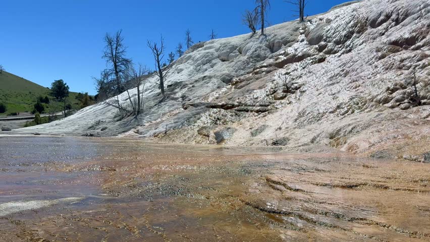 Scenic landscape view of the Mammoth Hot Springs in Yellowstone National Park, Wyoming. Panning left to right.