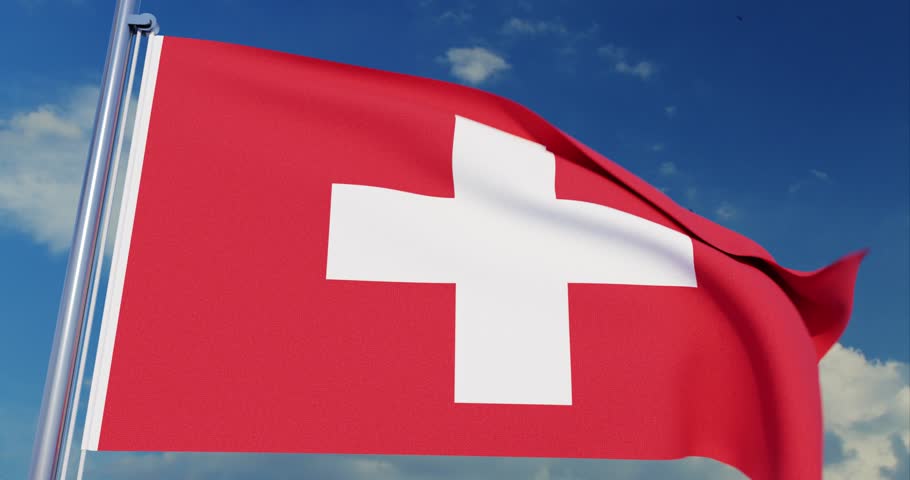 flag of Switzerland waving in the wind against blue sky