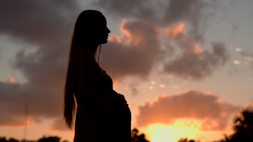 Pregnant woman standing in a field under a vibrant orange-purple sunset sky. Peaceful maternity moment, nature, and anticipation concept. Slowmotion video.