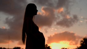 Pregnant woman standing in a field under a vibrant orange-purple sunset sky. Peaceful maternity moment, nature, and anticipation concept. Slowmotion video. - Powered by Shutterstock - Get 15% off with code: PIKWIZARD15