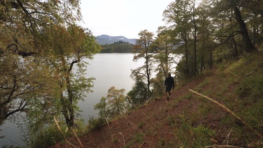 Man walking with backpack in Huella Andina trail in Ñorquinco lake with autumnal colors. Parque Nacional Lanin. Neuquen, Argentina