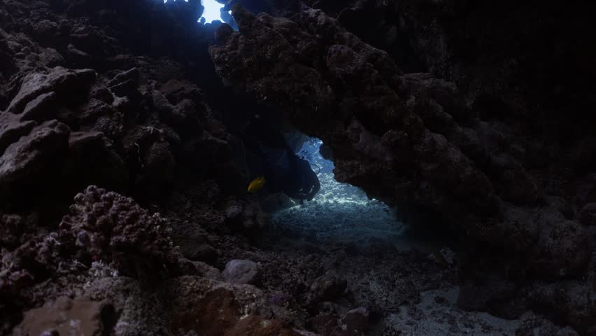 Explore Caves and Tunnels underwater, with Sun Rays comming from the top