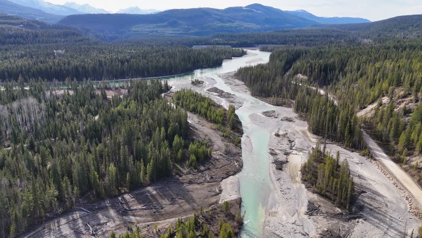 Columbia river near Golden in Alberta. Remote and wild place with gravel logging road next to it