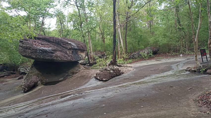 eroded sandstone rock structure civilization formations in  prehistoric park. religious shrines at Phu Phra Bat Historical Park in Udon Thani Province.