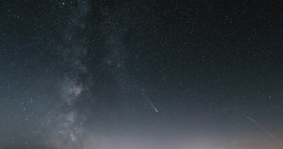 Milky Way and Comet Tsuchinshan Atlas in Starry Night Sky Background, Astronomy Time Lapse