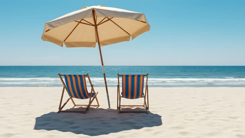 A serene beach scene featuring two colorful striped chairs under a large umbrella, with the ocean and clear blue sky providing a peaceful backdrop.