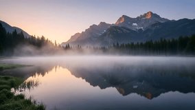 A tranquil video of a mountain lake at sunrise, featuring fog over the water and reflections of the mountains and trees. - Powered by Shutterstock - Get 15% off with code: PIKWIZARD15