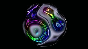 3d render video art of a glossy, dark, 3D sphere with swirling, vibrant, metallic light reflections on a sleek black background. The sphere features iridescent folds and a dynamic, fluid appearance - Powered by Shutterstock - Get 15% off with code: PIKWIZARD15