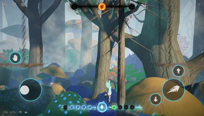 A stylized video game environment showcases lush, glowing woodlands, filled with puzzles, mood-driven ambiance, and visual depth. Captured in a cinematic platforming angle. Video game scene.