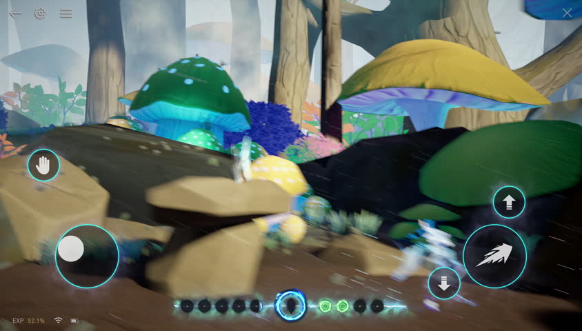A stylized video game environment showcases lush, glowing woodlands, filled with puzzles, mood-driven ambiance, and visual depth. Captured in a cinematic platforming angle. Video game scene.