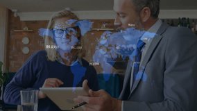 Business colleagues tapping tablet and pointing pen while projecting global map for data analysis. Collaboration, teamwork, data, analysis, innovation, presentation, communication - Powered by Shutterstock - Get 15% off with code: PIKWIZARD15